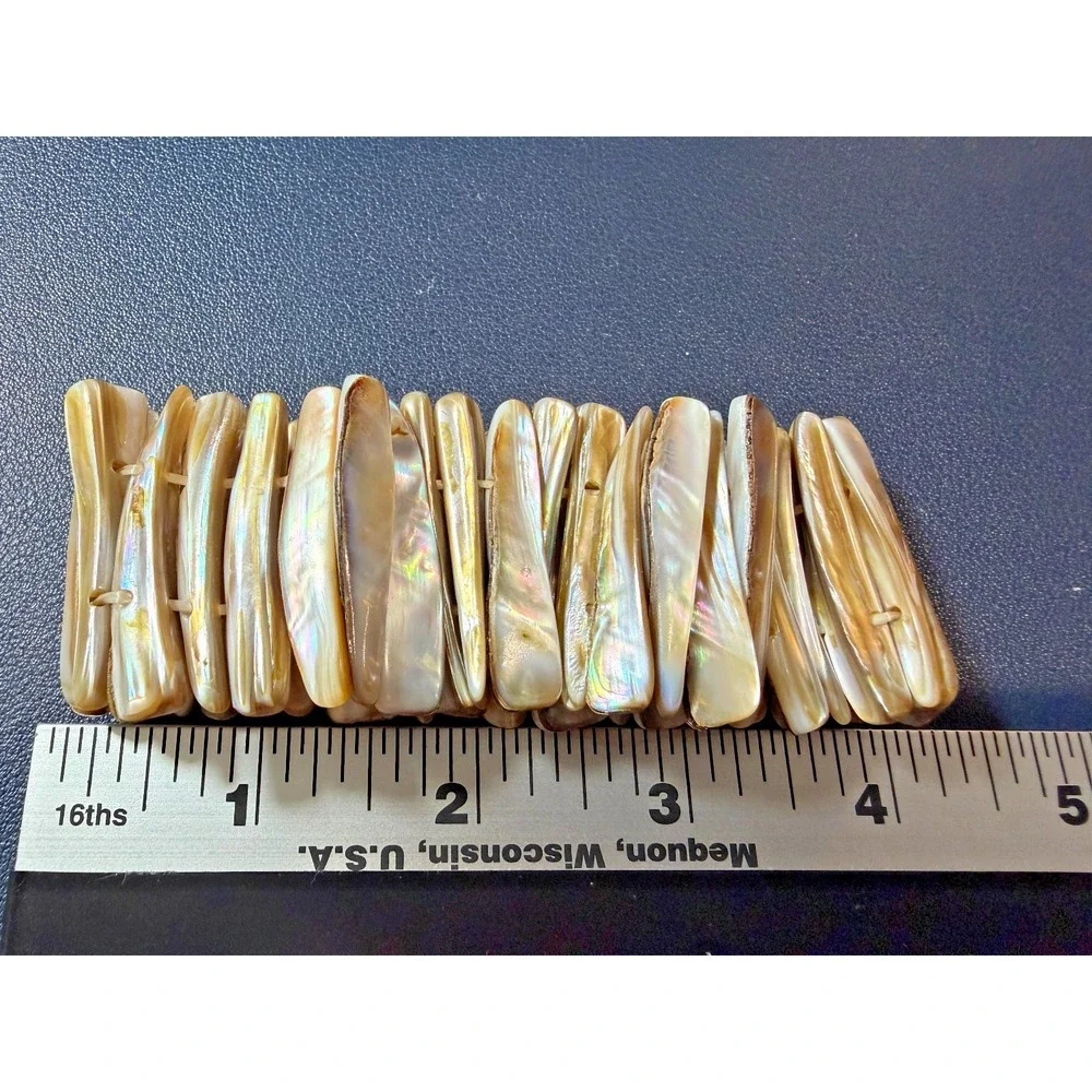 Natural Mother of Pearl Shell Panel Bracelet Iridescent Stretch - Picture 3 of 4